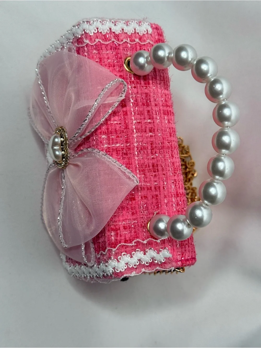 Cute Pink Tweed Mini Bag with Pearl Handle & Organza Bow (Y2K / Coquette)